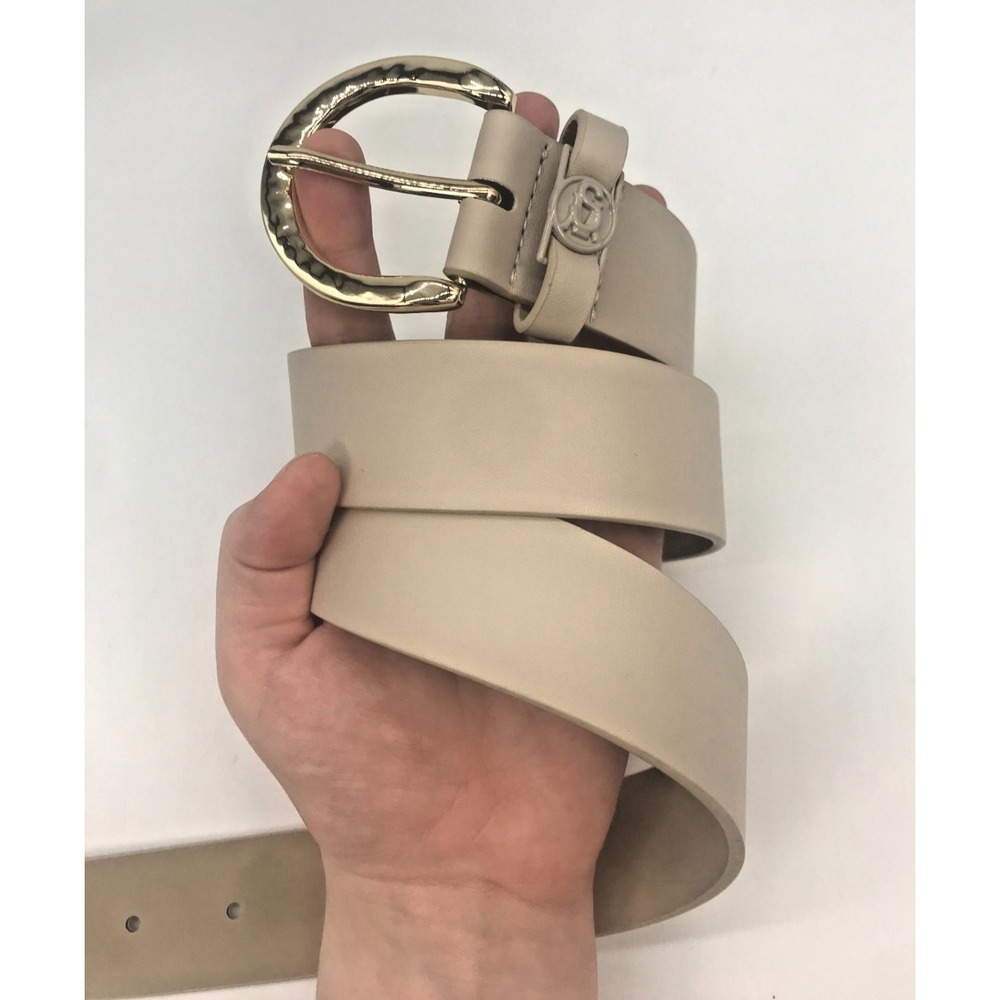 Steve Madden‎ Beige Vegan Leather Belt Womens M Gold Buckle Classic Minimalist